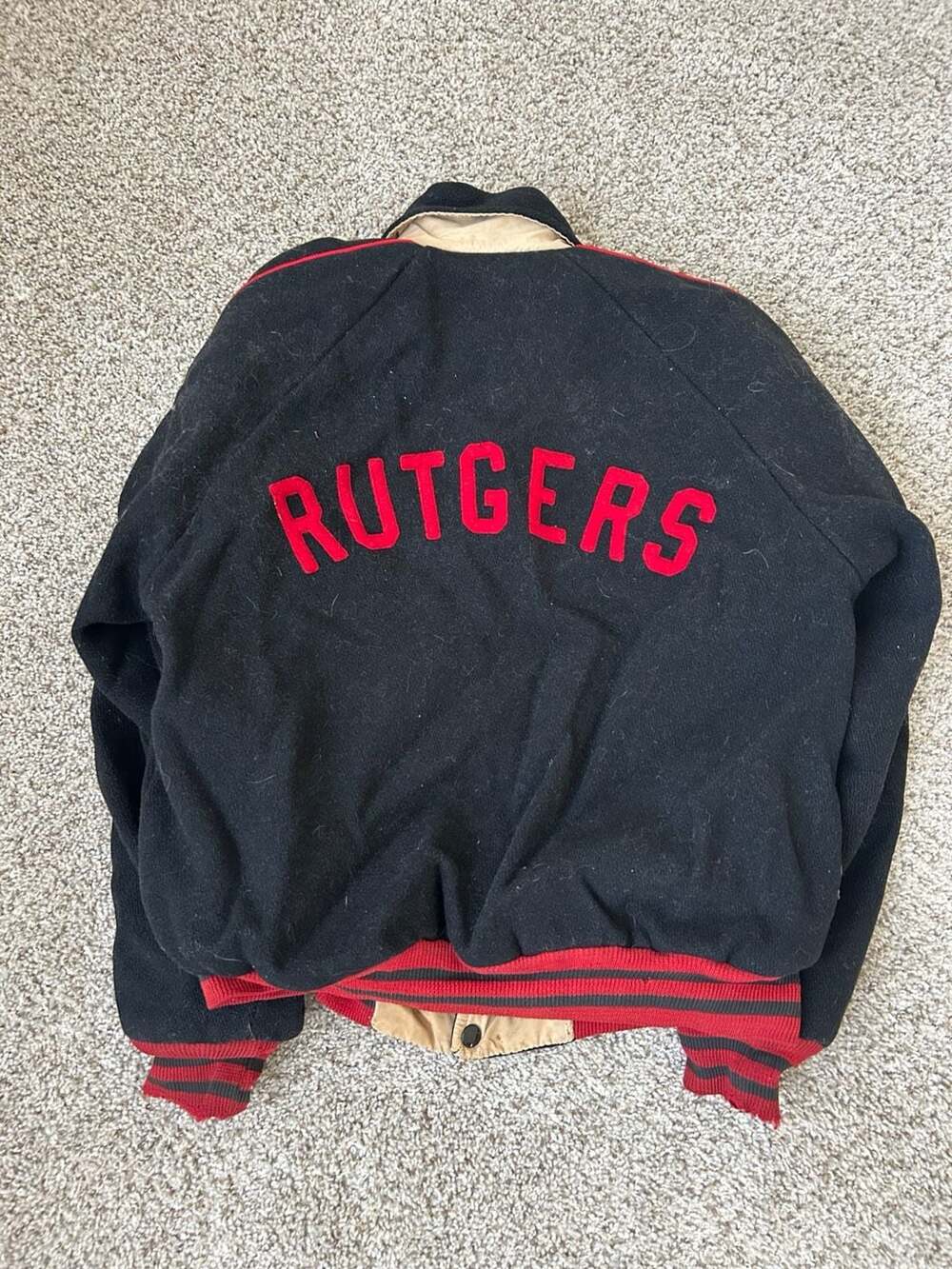 TRUE Vintage Princeton Knitting Mill Rutgers Bomber Jacket, Black and Red, 1950s